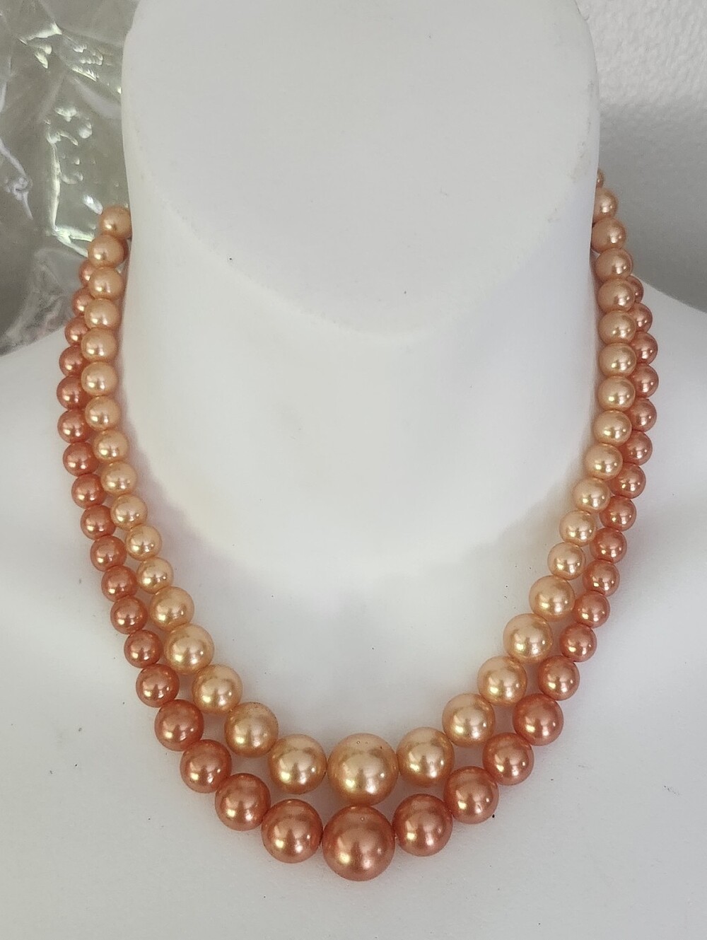 Vtg Hong Kong Peach Faux Pearl Graduated Double Strand Necklace